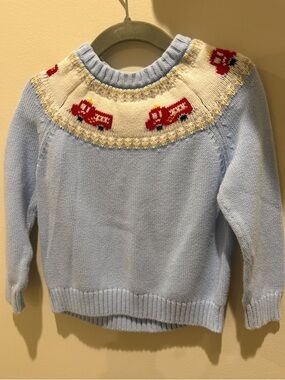Little English Light Blue Sweater with Red Fire Truck Yoke